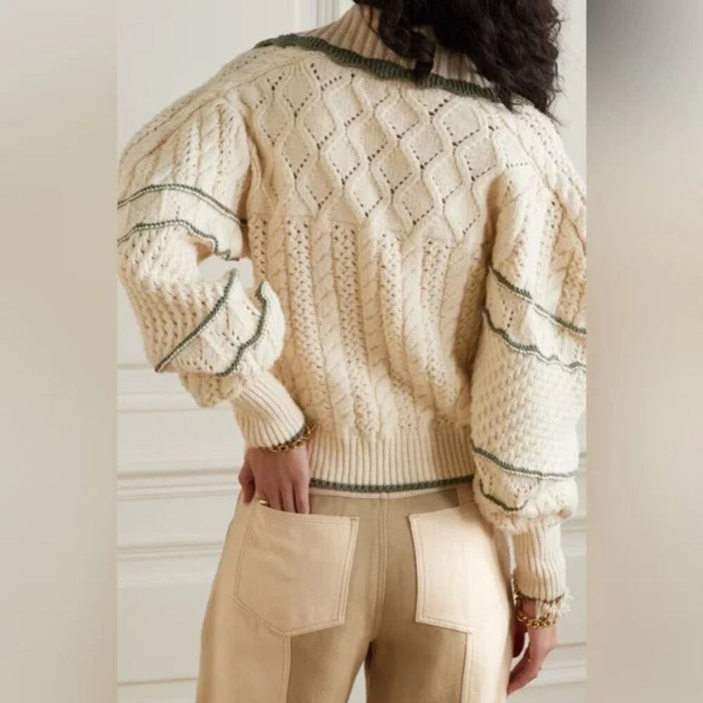 Ulla Johnson Top Sweater‎ Joleigh Cable Knit Ivory Green Chunky Puff Sleeve S - Picture 3 of 11